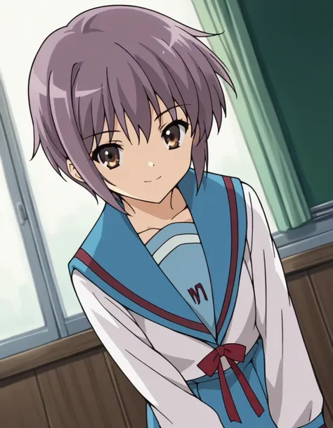 score_9, score_8_up, score_7_up, source_anime,
yukinagato,  <lora:yuki-nagato-s1-ponyxl-lora-nochekaiser:1>,
yuki nagato, short hair, bangs, brown eyes, purple hair,
skirt, long sleeves, school uniform, serafuku, sailor collar, blue skirt, blue sailor collar, winter uniform, kita high school uniform,
indoors, classroom, bent over, smile,
looking at viewer, dutch angle, cowboy shot, solo,