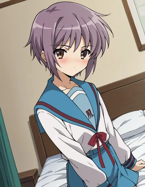 score_9, score_8_up, score_7_up, source_anime,
yukinagato,  <lora:yuki-nagato-s1-ponyxl-lora-nochekaiser:1>,
yuki nagato, short hair, bangs, brown eyes, purple hair,
skirt, long sleeves, school uniform, serafuku, sailor collar, blue skirt, blue sailor collar, winter uniform, kita high school uniform,
indoors, bed, bed room, on side, blush, drunk,
looking at viewer, dutch angle, cowboy shot, solo,