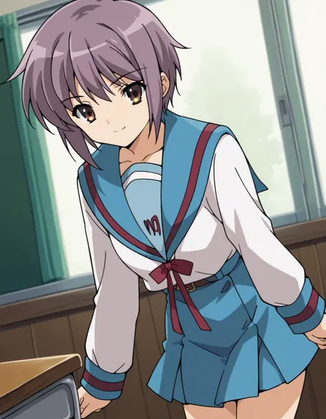 score_9, score_8_up, score_7_up, source_anime,
yukinagato,  <lora:yuki-nagato-s1-ponyxl-lora-nochekaiser:1>,
yuki nagato, short hair, bangs, brown eyes, purple hair,
skirt, long sleeves, school uniform, serafuku, sailor collar, blue skirt, blue sailor collar, winter uniform, kita high school uniform,
indoors, classroom, bent over, smile,
looking at viewer, dutch angle, cowboy shot, solo,