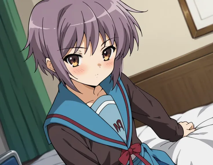 score_9, score_8_up, score_7_up, source_anime,
yukinagato,  <lora:yuki-nagato-s1-ponyxl-lora-nochekaiser:1>,
yuki nagato, short hair, bangs, brown eyes, purple hair,
skirt, long sleeves, school uniform, serafuku, sailor collar, blue skirt, blue sailor collar, winter uniform, kita high school uniform,
indoors, bed, bed room, on side, blush, drunk,
looking at viewer, dutch angle, cowboy shot, solo,