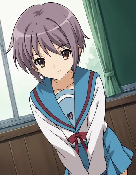 score_9, score_8_up, score_7_up, source_anime,
yukinagato,  <lora:yuki-nagato-s1-ponyxl-lora-nochekaiser:1>,
yuki nagato, short hair, bangs, brown eyes, purple hair,
skirt, long sleeves, school uniform, serafuku, sailor collar, blue skirt, blue sailor collar, winter uniform, kita high school uniform,
indoors, classroom, bent over, smile,
looking at viewer, dutch angle, cowboy shot, solo,