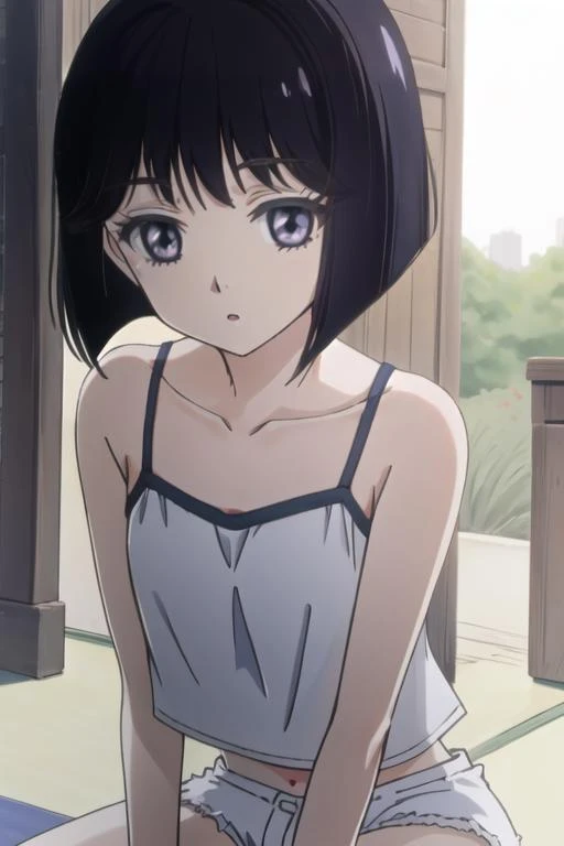 <lora:Tomoe_Hotaru:0.9>Tomoe_Hotaru,bob_cut, short_hair, black_hair, white_camisole,white_shorts,