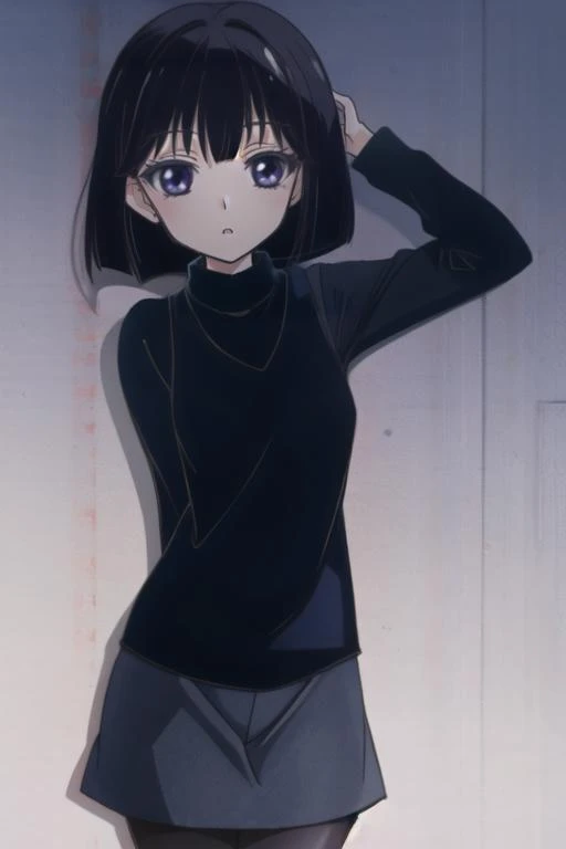 <lora:Tomoe_Hotaru:0.9> Tomoe_Hotaru,bob_cut, short_hair, black_hair, dress, Turtleneck knitwear,long_sleeves, pantyhose, black_legwear,