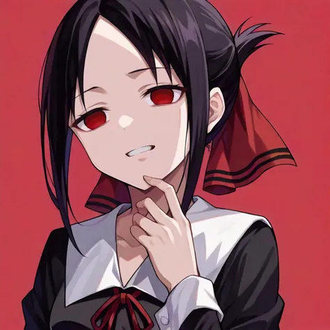 score_9, score_6_up, source_anime, 1girl, solo, upper body, shinomiya kaguya, red eyes, black hair, hair ribbon, black dress, white sailor collar, neck ribbon, red ribbon, hand on chin, empty eyes, no pupils, light smile, teeth, tsurime, red background <lora:love_is_war_sdxl_pony:0.8>