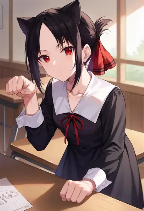 score_9, score_6_up, source_anime, 1girl, solo, indoors, desk, shinomiya kaguya, red eyes, black hair, hair ribbon, black dress, white sailor collar, neck ribbon, red ribbon, cat ears, paw pose <lora:love_is_war_sdxl_pony:0.8>