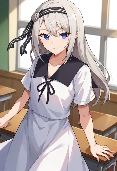 score_9, score_6_up, source_anime, 1girl, solo, classroom, cowboy shot, shirogane kei, blue eyes, grey hair, white dress, black sailor collar, neck ribbon, black ribbon, black hairband, light smile, flat chest <lora:love_is_war_sdxl_pony:0.8>