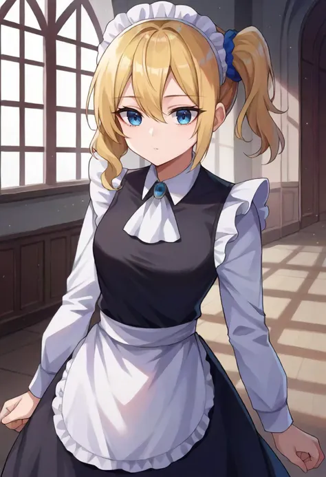 score_9, score_6_up, source_anime, 1girl, solo, indoors, mansion, hysk, blue eyes, blonde hair, side ponytail, blue scrunchie, maid headdress, black vest, white shirt, long sleeves, white ascot, waist apron, expressionless <lora:love_is_war_sdxl_pony:0.8>