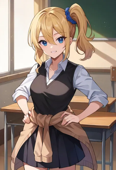 score_9, score_6_up, source_anime, 1girl, solo, classroom, cowboy shot, hysk, blue eyes, blonde hair, side ponytail, blue scrunchie, black vest, black skirt, white shirt, cardigan around waist, light smile, hands on hips <lora:love_is_war_sdxl_pony:0.8>