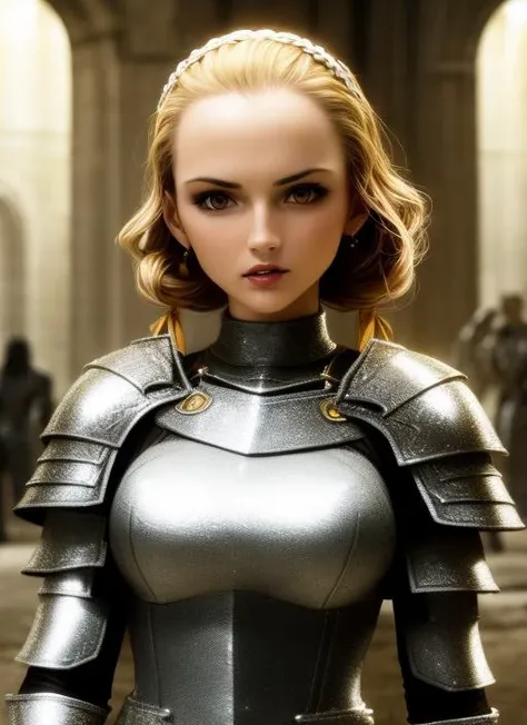 1girl, action scene, (upper body:1.2) portrait of (beautiful paladin princess:1.2) with (paladin hammer in her hands:1.1), (ivory skin_color:1.2), beautiful face, (blonde braided hair:1.2), (lips:1.1), yellow eyes, athletic, (wide hips:0.9), (thick thighs:0.9), (short white skirt:1.2), (light leather armor:1.2), (black corset:0.9), frills, golden atmosphere, medieval, fantasy, hdr, volumetric lighting, cinematic lighting and shadows, very detailed, cinematic, tall, <hypernet:sxz-snyderstyle-v1-275:1.0>