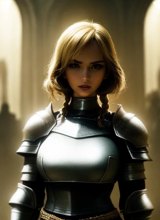 1girl, action scene, (upper body:1.2) portrait of (beautiful paladin princess:1.2) with (paladin hammer in her hands:1.1), (ivory skin_color:1.2), beautiful face, (blonde braided hair:1.2), (lips:1.1), yellow eyes, athletic, (wide hips:0.9), (thick thighs:0.9), (short white skirt:1.2), (light leather armor:1.2), (black corset:0.9), frills, golden atmosphere, medieval, fantasy, hdr, volumetric lighting, cinematic lighting and shadows, very detailed, cinematic, tall, <hypernet:sxz-snyderstyle-v1-800:1.0>