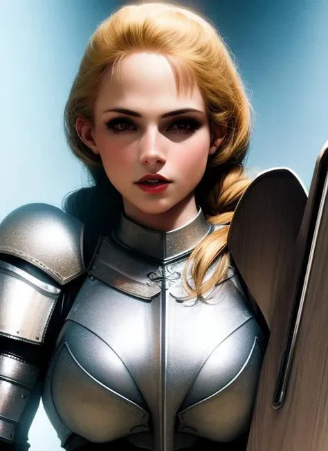 1girl, action scene, (upper body:1.2) portrait of (beautiful paladin princess:1.2) with (paladin hammer in her hands:1.1), (ivory skin_color:1.2), beautiful face, (blonde braided hair:1.2), (lips:1.1), yellow eyes, athletic, (wide hips:0.9), (thick thighs:0.9), (short white skirt:1.2), (light leather armor:1.2), (black corset:0.9), frills, golden atmosphere, medieval, fantasy, hdr, volumetric lighting, cinematic lighting and shadows, very detailed, cinematic, tall, <hypernet:sxz-snyderstyle-v1-275:1.0>