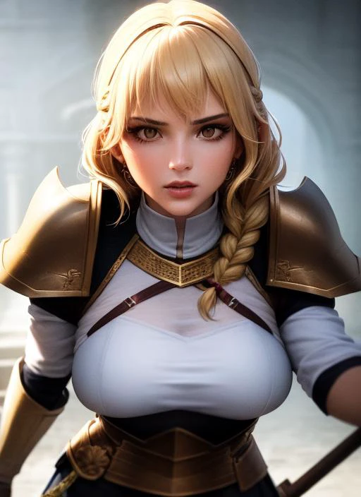 1girl, action scene, (upper body:1.2) portrait of (beautiful paladin princess:1.2) with (paladin hammer in her hands:1.1), (ivory skin_color:1.2), beautiful face, (blonde braided hair:1.2), (lips:1.1), yellow eyes, athletic, (wide hips:0.9), (thick thighs:0.9), (short white skirt:1.2), (light leather armor:1.2), (black corset:0.9), frills, golden atmosphere, medieval, fantasy, hdr, volumetric lighting, cinematic lighting and shadows, very detailed, cinematic, tall, <hypernet:sxz-snyderstyle-v1-500:1.0>