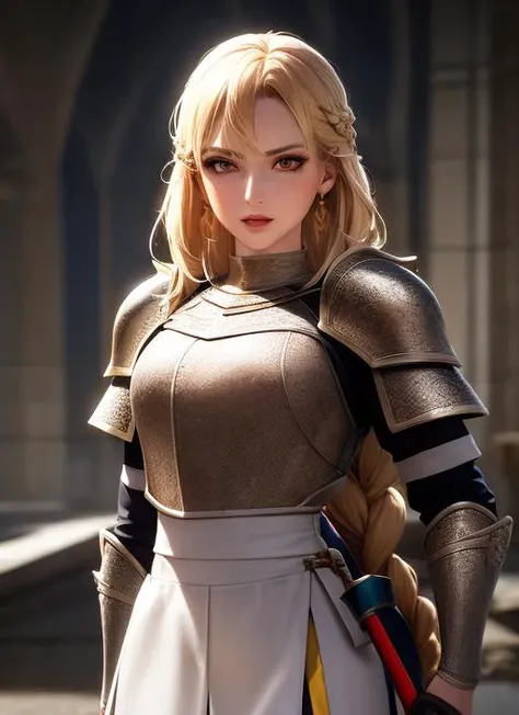 1girl, action scene, (upper body:1.2) portrait of (beautiful paladin princess:1.2) with (paladin hammer in her hands:1.1), (ivory skin_color:1.2), beautiful face, (blonde braided hair:1.2), (lips:1.1), yellow eyes, athletic, (wide hips:0.9), (thick thighs:0.9), (short white skirt:1.2), (light leather armor:1.2), (black corset:0.9), frills, golden atmosphere, medieval, fantasy, hdr, volumetric lighting, cinematic lighting and shadows, very detailed, cinematic, tall, <hypernet:sxz-snyderstyle-v1-500:1.0>