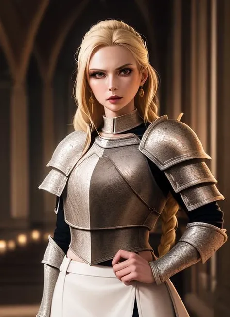 1girl, action scene, (upper body:1.2) portrait of (beautiful paladin princess:1.2) with (paladin hammer in her hands:1.1), (ivory skin_color:1.2), beautiful face, (blonde braided hair:1.2), (lips:1.1), yellow eyes, athletic, (wide hips:0.9), (thick thighs:0.9), (short white skirt:1.2), (light leather armor:1.2), (black corset:0.9), frills, golden atmosphere, medieval, fantasy, hdr, volumetric lighting, cinematic lighting and shadows, very detailed, cinematic, tall, <hypernet:sxz-snyderstyle-v1-675:1.0>