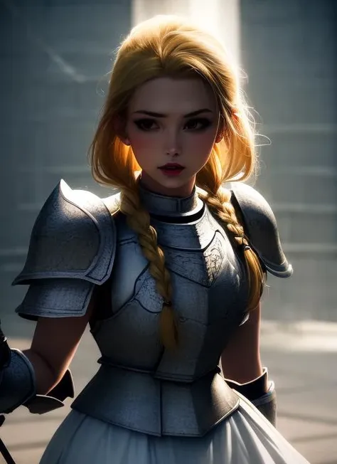 1girl, action scene, (upper body:1.2) portrait of (beautiful paladin princess:1.2) with (paladin hammer in her hands:1.1), (ivory skin_color:1.2), beautiful face, (blonde braided hair:1.2), (lips:1.1), yellow eyes, athletic, (wide hips:0.9), (thick thighs:0.9), (short white skirt:1.2), (light leather armor:1.2), (black corset:0.9), frills, golden atmosphere, medieval, fantasy, hdr, volumetric lighting, cinematic lighting and shadows, very detailed, cinematic, tall, <hypernet:sxz-snyderstyle-v1-1000:1.0>