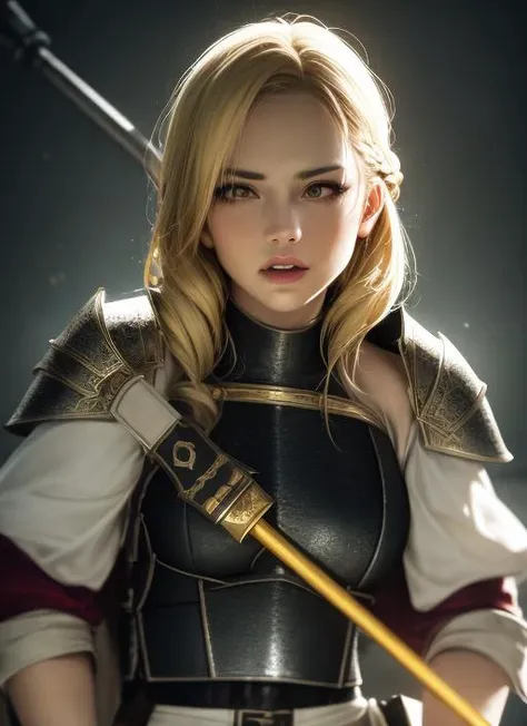 1girl, action scene, (upper body:1.2) portrait of (beautiful paladin princess:1.2) with (paladin hammer in her hands:1.1), (ivory skin_color:1.2), beautiful face, (blonde braided hair:1.2), (lips:1.1), yellow eyes, athletic, (wide hips:0.9), (thick thighs:0.9), (short white skirt:1.2), (light leather armor:1.2), (black corset:0.9), frills, golden atmosphere, medieval, fantasy, hdr, volumetric lighting, cinematic lighting and shadows, very detailed, cinematic, tall, <hypernet:sxz-snyderstyle-v1-850:1.0>