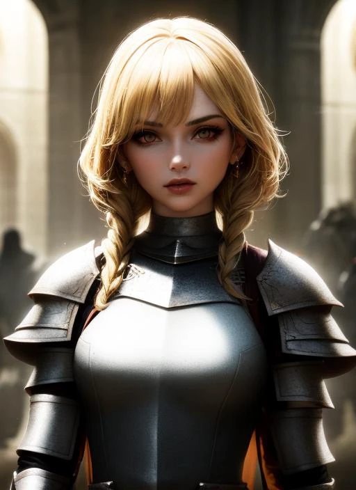 1girl, action scene, (upper body:1.2) portrait of (beautiful paladin princess:1.2) with (paladin hammer in her hands:1.1), (ivory skin_color:1.2), beautiful face, (blonde braided hair:1.2), (lips:1.1), yellow eyes, athletic, (wide hips:0.9), (thick thighs:0.9), (short white skirt:1.2), (light leather armor:1.2), (black corset:0.9), frills, golden atmosphere, medieval, fantasy, hdr, volumetric lighting, cinematic lighting and shadows, very detailed, cinematic, tall, <hypernet:sxz-snyderstyle-v1-500:1.0>