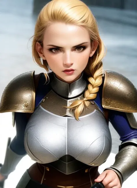 1girl, action scene, (upper body:1.2) portrait of (beautiful paladin princess:1.2) with (paladin hammer in her hands:1.1), (ivory skin_color:1.2), beautiful face, (blonde braided hair:1.2), (lips:1.1), yellow eyes, athletic, (wide hips:0.9), (thick thighs:0.9), (short white skirt:1.2), (light leather armor:1.2), (black corset:0.9), frills, golden atmosphere, medieval, fantasy, hdr, volumetric lighting, cinematic lighting and shadows, very detailed, cinematic, tall, <hypernet:sxz-snyderstyle-v1-275:1.0>