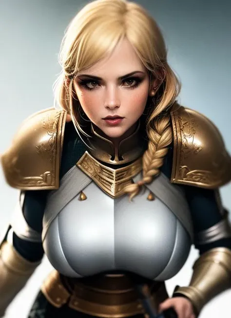 1girl, action scene, (upper body:1.2) portrait of (beautiful paladin princess:1.2) with (paladin hammer in her hands:1.1), (ivory skin_color:1.2), beautiful face, (blonde braided hair:1.2), (lips:1.1), yellow eyes, athletic, (wide hips:0.9), (thick thighs:0.9), (short white skirt:1.2), (light leather armor:1.2), (black corset:0.9), frills, golden atmosphere, medieval, fantasy, hdr, volumetric lighting, cinematic lighting and shadows, very detailed, cinematic, tall, <hypernet:sxz-snyderstyle-v1-800:1.0>