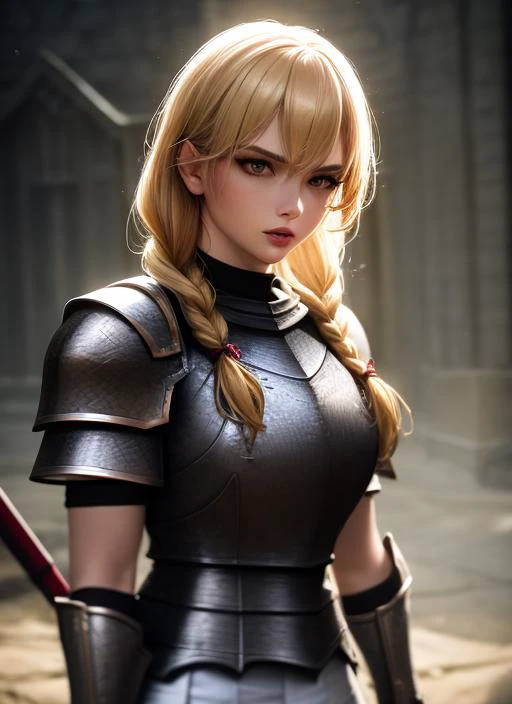 1girl, action scene, (upper body:1.2) portrait of (beautiful paladin princess:1.2) with (paladin hammer in her hands:1.1), (ivory skin_color:1.2), beautiful face, (blonde braided hair:1.2), (lips:1.1), yellow eyes, athletic, (wide hips:0.9), (thick thighs:0.9), (short white skirt:1.2), (light leather armor:1.2), (black corset:0.9), frills, golden atmosphere, medieval, fantasy, hdr, volumetric lighting, cinematic lighting and shadows, very detailed, cinematic, tall, <hypernet:sxz-snyderstyle-v1-500:1.0>