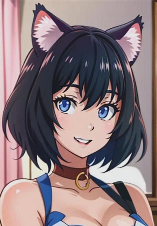 There's a smiling woman with cat ears and a black bra top. Estilo anime. anime traits. colorful manga. y, hot. hencchi. roe anime.