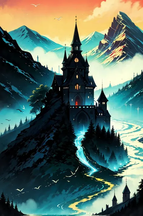 castle, river, mountains, village, birds,  <lora:PUNK-000005:.8>, medieval, Dracula style
