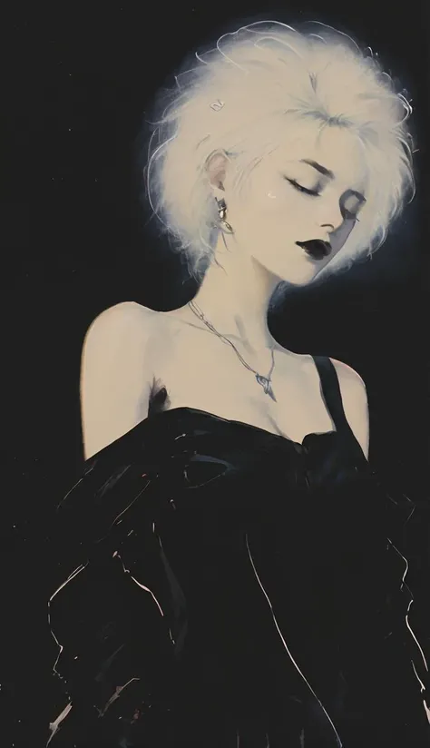 a woman with white hair, standing in the dark with her eyes closed and her hair blowing in the wind, naked breast, gothic art, <lora:PUNK-000005:.8>