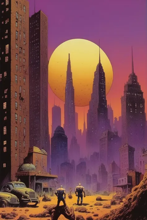 <lora:Richard Corben Style:1>Richard Corben Style - create a landscape with a city skyline in a richard corben universe
