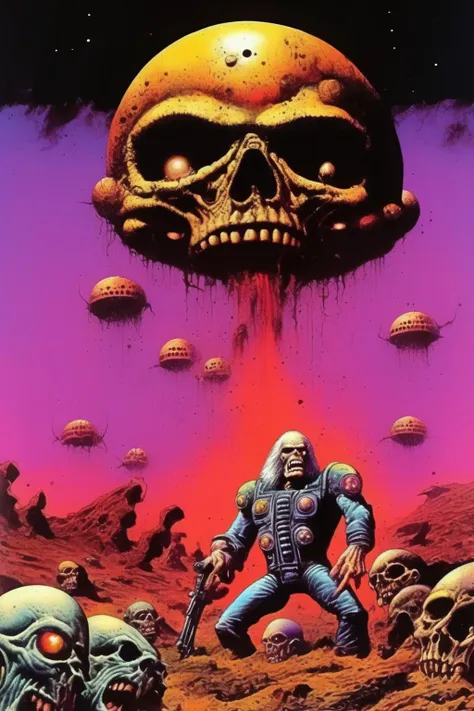 masterpiece, top quality, best quality, highest quality, highest detailed, Simon Stlenhag Style, hmvi style, close up, Ink art of a monster, dressed as an astronaut on a launch pad in front of a rocket, iron maiden poster 1988, full-color illustration, an airbrush painting