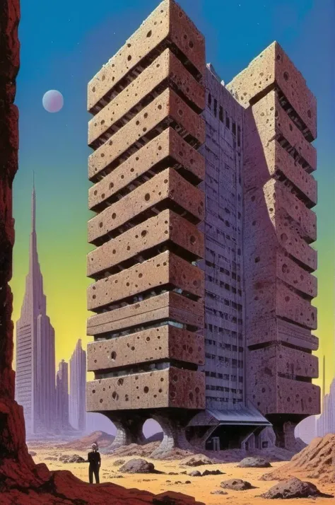 <lora:Richard Corben Style:1> Richard Corben Style , Office Buildings, Conglomerate stone, science fiction, building, architecture