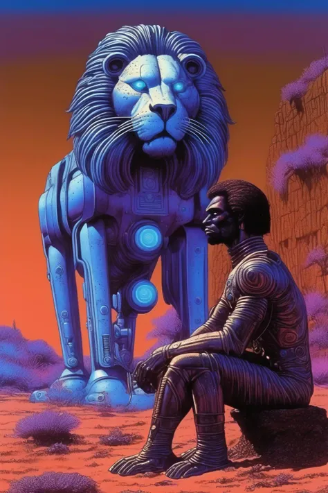<lora:Richard Corben Style:1>Richard Corben Style - [very peaceful gaze, A Cool Lion Robot, futuristic and technological, with a 3D background, black and blue Tron art deco male African Lion Statue from the divine lost continent of Atlantis Cannon MarkV D with Zeiss 85mm lense]
