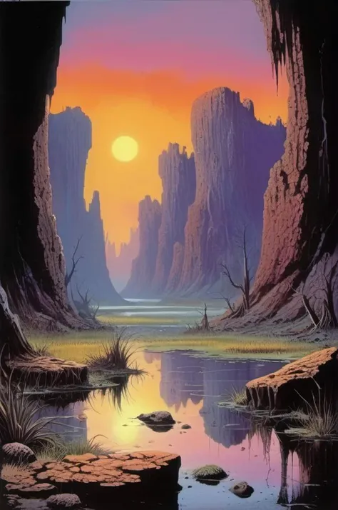 <lora:Richard Corben Style:1> Richard Corben Style , swamp valley surrounded by high rocky cliffs, dawn,