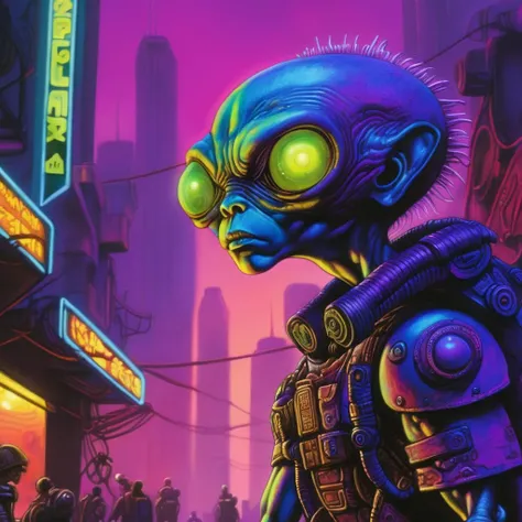 illustration of a little alien cyborg hero in a cyberpunk city, 10k high resolution, raw photo, vivid colors, dark surrealism, chiaroscuro, realistic, low key lighting, Award winning, 10k high resolution, sss, high quality macro photo, Richard Corben Style <lora:Richard Corben Style:1>