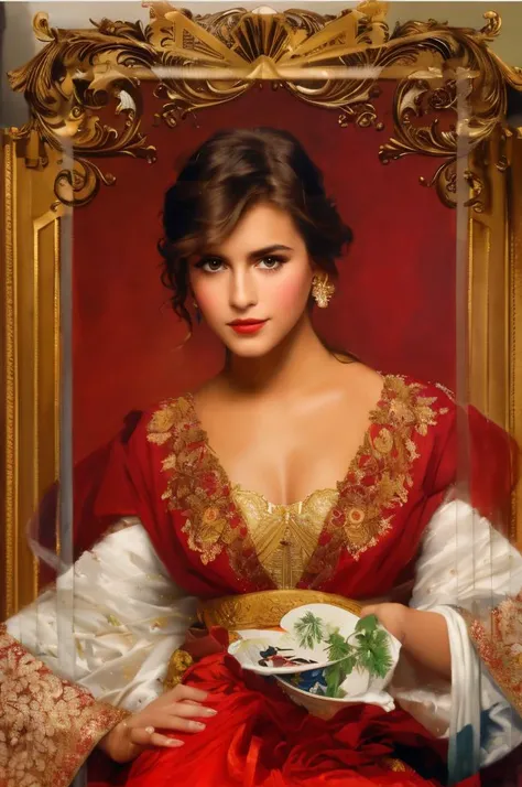 realistic headshot painting of brunette (kgerber:0.99) (looking at viewer:1.2), (wearing red diaphanous silks:1.2), (closeup:1.1), (brown eyes:1.1), detailed, masterpiece, high quality, (art deco border:1.1), art by CFStyle and Anders Zorn, trending on artstation, detailed pupils, detailed face