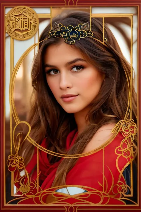 realistic headshot painting of brunette (kgerber:0.99) (looking at viewer:1.2), (wearing red diaphanous silks:1.2), (closeup:1.1), (brown eyes:1.1), detailed, masterpiece, high quality, (art nouveau border:1.1), art by CFStyle and Anders Zorn, trending on artstation, detailed pupils, detailed face