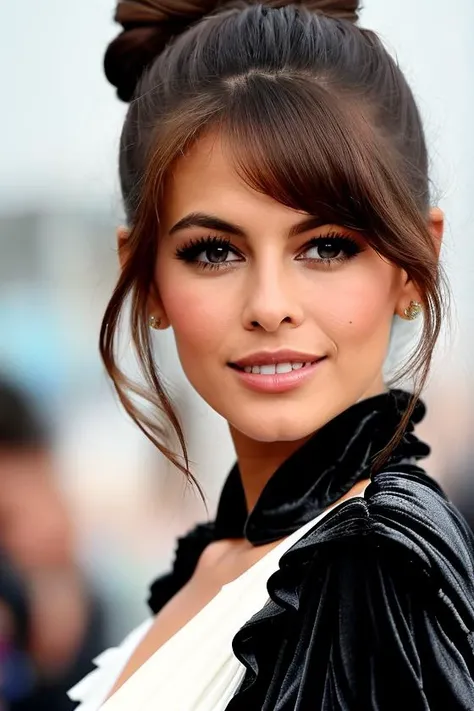 realistic catalogue painting of brunette (kgerber:0.99) (in Budapest:1.3) (looking at viewer:1.2), 1girl, solo, ((Ivory ruffle blouse:1.1) with a (black velvet shrug:1.1):1.2), (closeup:1.1), (brown eyes:1.1), detailed, masterpiece, high quality, art by CFStyle and Anders Zorn, trending on artstation, detailed pupils, detailed face