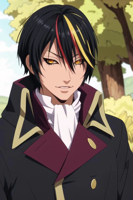 masterpiece, best quality, game cg, 1boy, solo, male focus, looking at viewer, , depth of field, <lora:diablo_tensei_shitara:0.74>, diablo_tensei_shitara, black hair, yellow eyes, multicolored hair, streaked hair, red hair, colored sclera, black sclera, , world war 2, 16k resolution