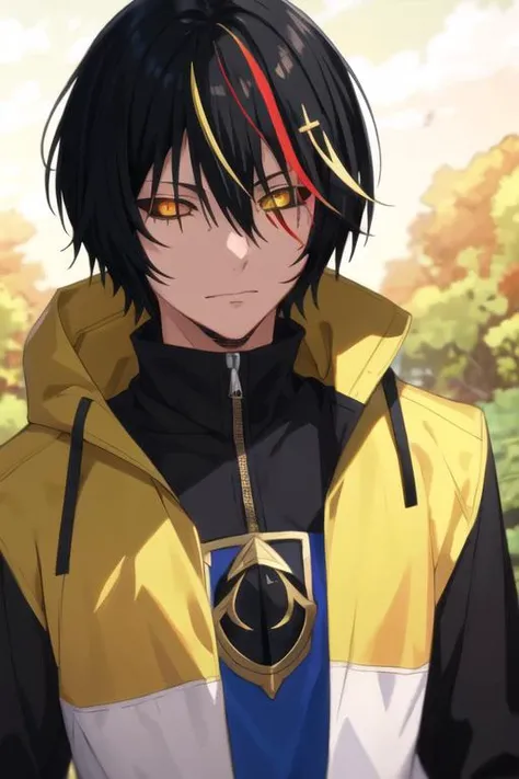 masterpiece, best quality, , 1boy, solo, male focus, looking at viewer, upper body, depth of field, <lora:diablo_tensei_shitara:0.74>, diablo_tensei_shitara, black hair, yellow eyes, multicolored hair, streaked hair, red hair, colored sclera, black sclera, windbreaker, , fairytale,