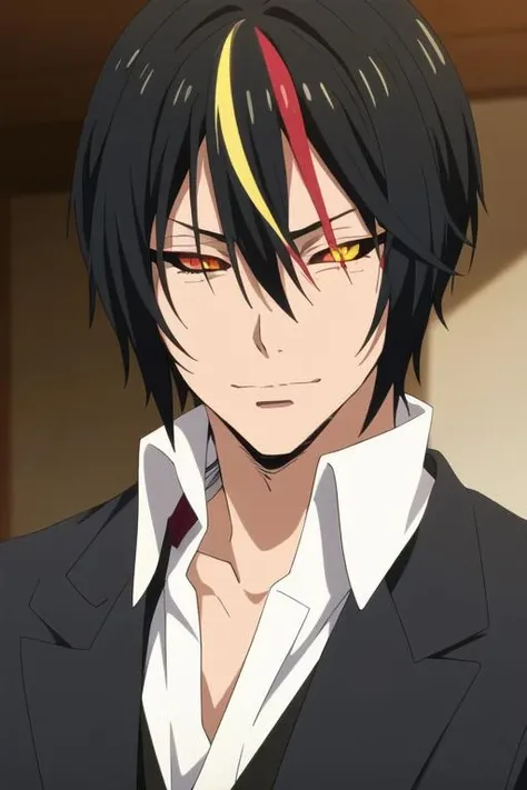 masterpiece, best quality, wallpaper, 1boy, solo, male focus, looking at viewer, upper body, depth of field, <lora:diablo_tensei_shitara:0.64>, diablo_tensei_shitara, black hair, yellow eyes, multicolored hair, streaked hair, red hair, colored sclera, black sclera