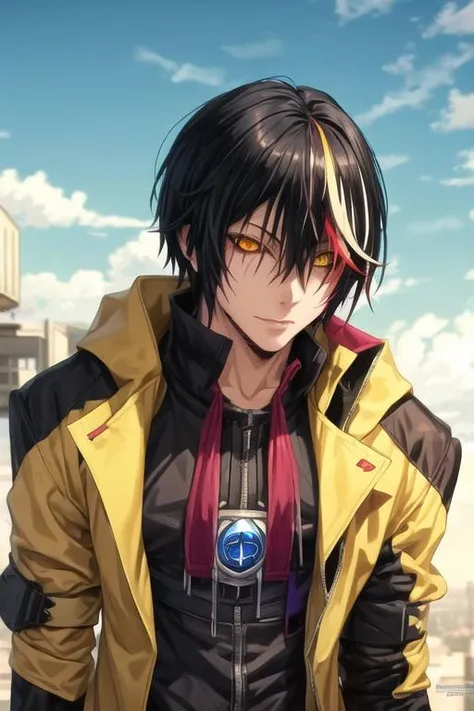 masterpiece, best quality, wallpaper, 1boy, solo, male focus, looking at viewer, upper body, , <lora:diablo_tensei_shitara:0.72>, diablo_tensei_shitara, black hair, yellow eyes, multicolored hair, streaked hair, red hair, colored sclera, black sclera, , cyberpunk, HD-DVD