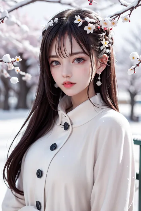 bare_tree, tree, cherry_blossoms, branch, 1girl, winter, snow, outdoors, long_hair, solo, snowing, spring_\(season\), looking_at_viewer, mole, blurry, parted_lips, flower, hair_ornament, upper_body, earrings, hair_flower