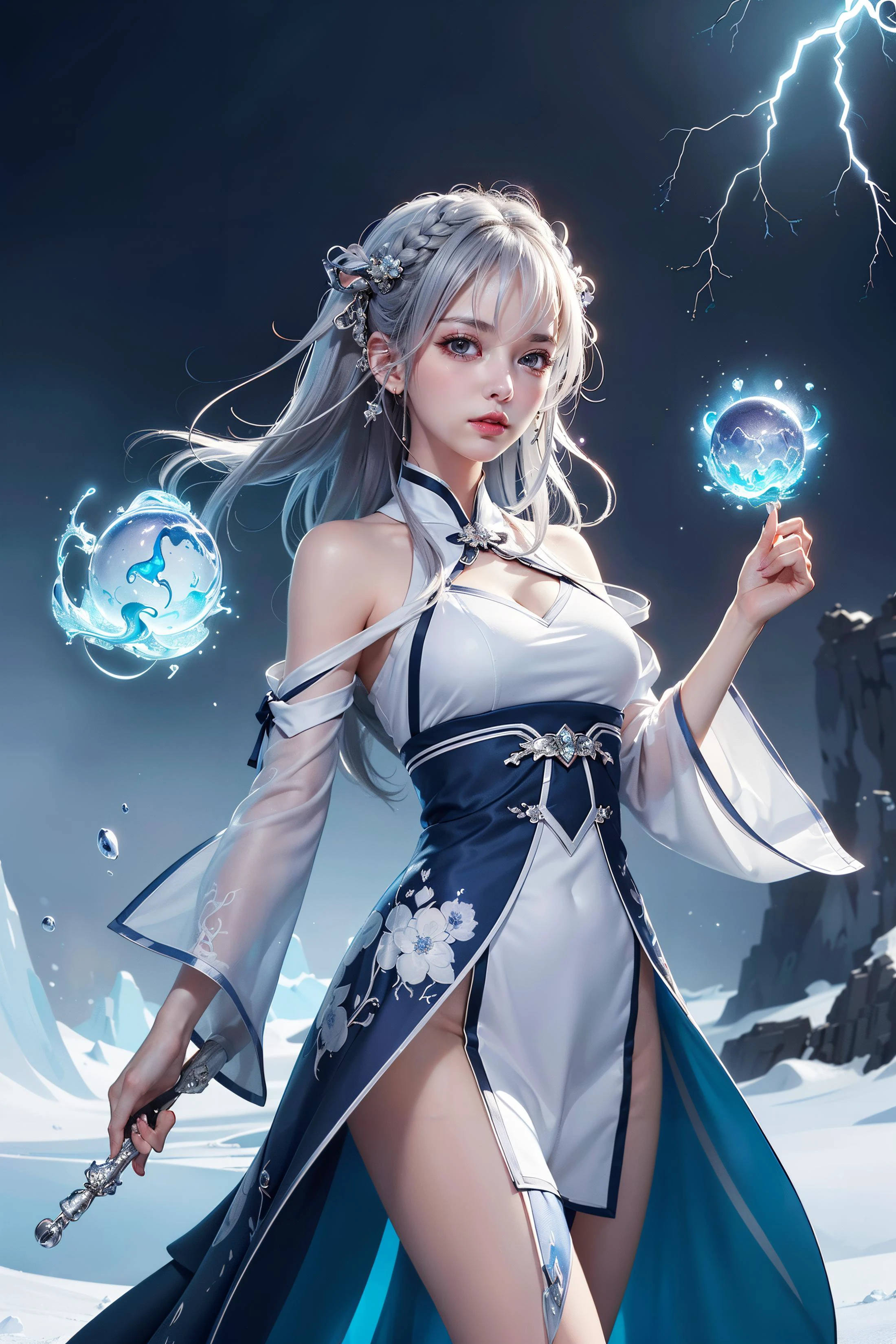 (masterpiece, top quality, best quality, official art, beautiful and aesthetic:1.2), (1girl:1.2), cute, extreme detailed,(abstract:1.4, fractal art:1.3),(silver_hair:1.1), fate \(series\), colorful,highest detailed, fire, ice, lightning, (splash_art:1.2), jewelry:1.4, hanfu, , scenery, ink,