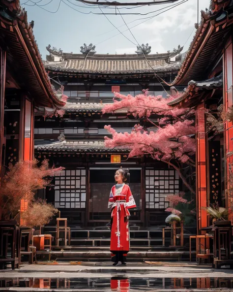masterpiece, best quality, 8k, 1girl, upper body, cherry blossoms, east asian architecture, petals, potted plant, reflection, red flower, water, chinese clothes, wide shot, autumn leaves, <lora:indoor_20230827164629:1>
