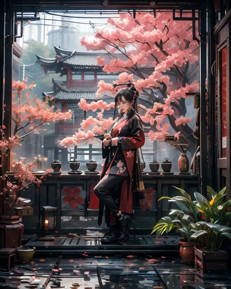 masterpiece, best quality, 8k, 1girl, upper body, cherry blossoms, east asian architecture, petals, potted plant, reflection, red flower, water, chinese clothes, wide shot, autumn leaves, <lora:indoor_20230827164629:1>