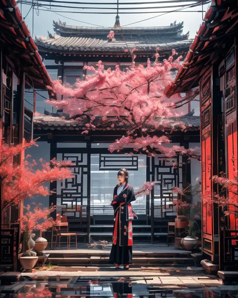masterpiece, best quality, 8k, 1girl, upper body, cherry blossoms, east asian architecture, petals, potted plant, reflection, red flower, water, chinese clothes, wide shot, autumn leaves, <lora:indoor_20230827164629:1>