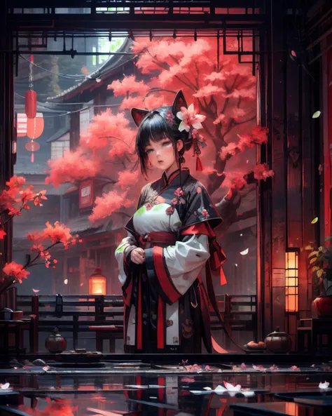 masterpiece, best quality, 8k, 1girl, upper body, cherry blossoms, east asian architecture, petals, potted plant, reflection, red flower, water, chinese clothes, wide shot, autumn leaves, <lora:indoor_20230827164629:1>