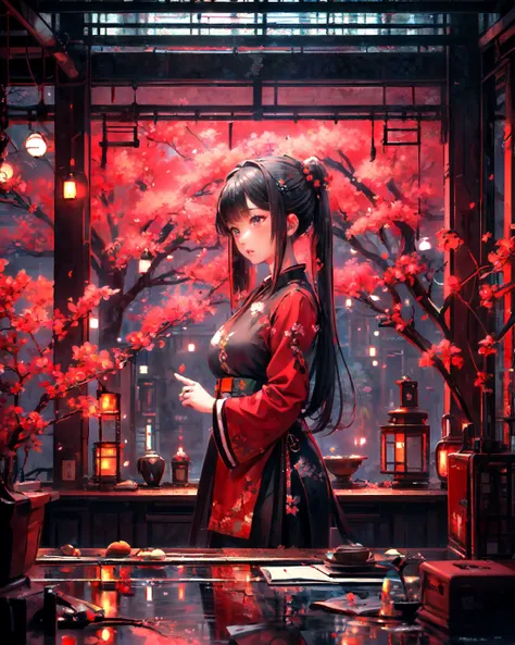 masterpiece, best quality, 8k, 1girl, upper body, cherry blossoms, east asian architecture, petals, potted plant, reflection, red flower, water, chinese clothes, wide shot, autumn leaves, <lora:indoor_20230827164629:1>