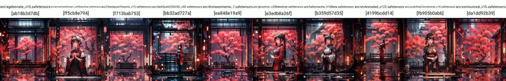 masterpiece, best quality, 8k, 1girl, upper body, cherry blossoms, east asian architecture, petals, potted plant, reflection, red flower, water, chinese clothes, wide shot, autumn leaves, <lora:indoor_20230827164629:1>