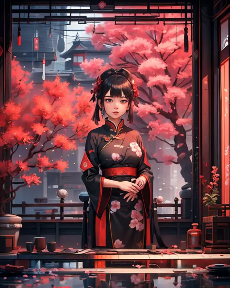 masterpiece, best quality, 8k, 1girl, upper body, cherry blossoms, east asian architecture, petals, potted plant, reflection, red flower, water, chinese clothes, wide shot, autumn leaves, <lora:indoor_20230827164629:1>