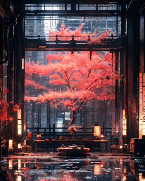 masterpiece, best quality, 8k, 1girl, upper body, cherry blossoms, east asian architecture, petals, potted plant, reflection, red flower, water, chinese clothes, wide shot, autumn leaves, <lora:indoor_20230827164629:1>